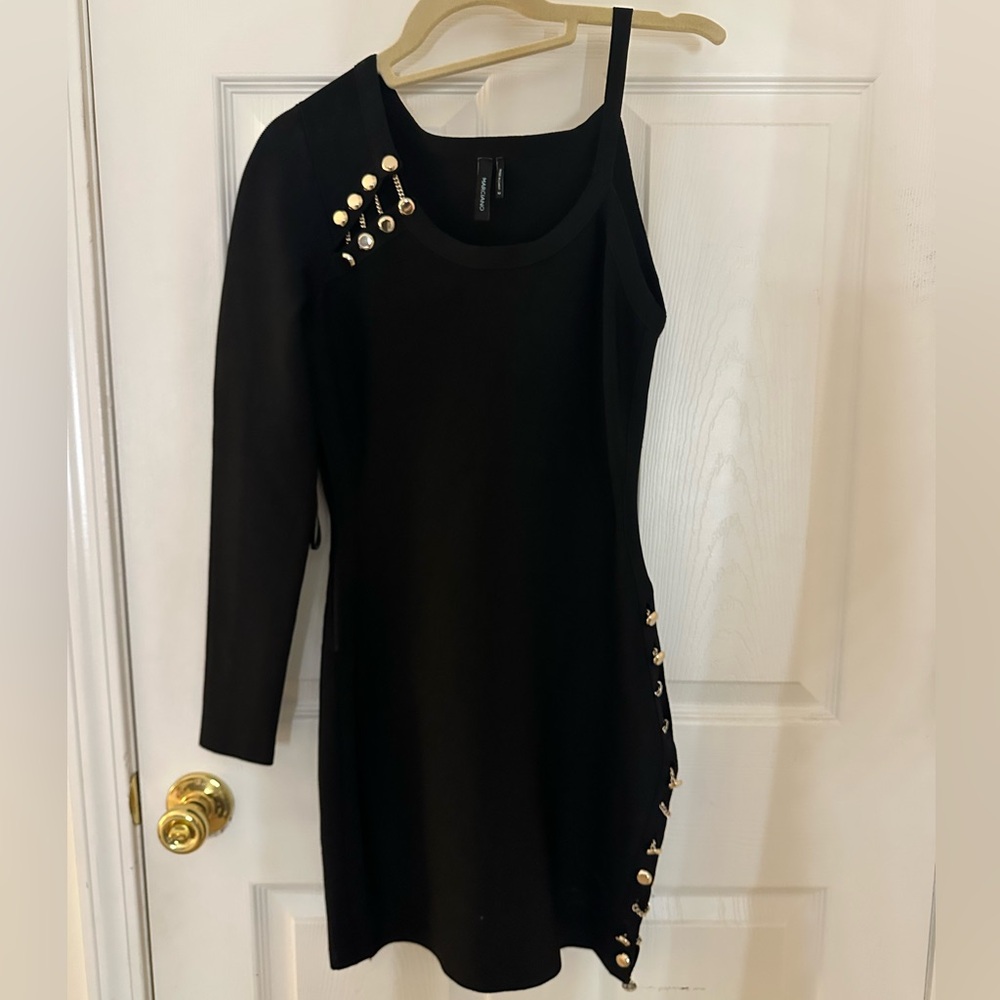 Marciano Black Asymmetrical One-Shoulder Dress with Gold Studs